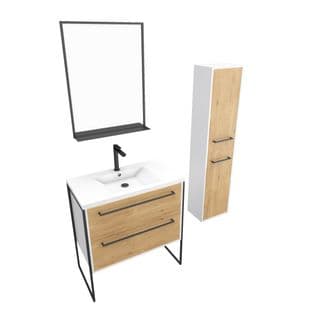 Pack Meuble De Salle De Bain 80x50 Cm - 2 Tiroirs - Vasque Blanche + Miroir Noir Mat + Colonne