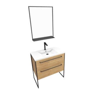 Meuble De Salle De Bain 80x50cm - Vasque Blanche - 2 Tiroirs Finition Chêne Naturel + Miroir