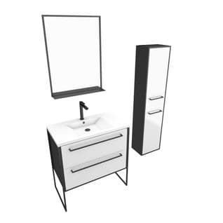 Ensemble De Salle De Bain 80 Cm Blanc Finition Noir + Vasque Blanche+ Miroir + Colonne De Rangement