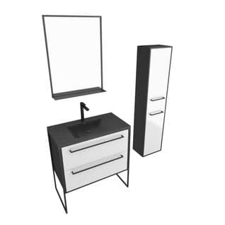 Pack Meuble De Salle De Bain 80x50 Cm - 2 Tiroirs Blanc - Vasque Noir - Miroir - Colonne Suspendu