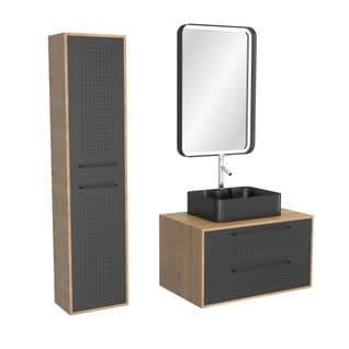 Meuble Salle De Bains 80 Cm, Vasque Rectangle, Miroir LED Et Colonne - Chêne Naturel Et Noir - Uby