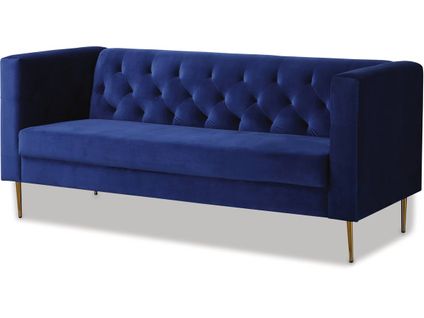 Canapé Fixe En Velours "bruce" - 196 X 76 X 82 Cm - 3 Places - Bleu Foncé