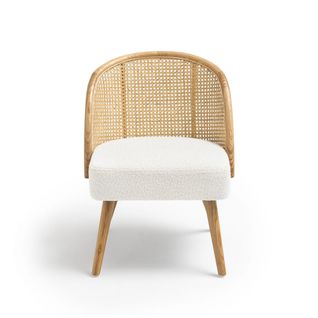 Candice - Fauteuil En Tissu Bouclette Et Rotin - Couleur - Blanc