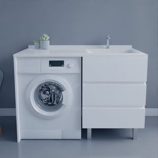 Meuble Spécial Lave-linge Kora Avec Plan Vasque Déportée 124 Cm X 65 Cm- Blanc- Vasque à Droite