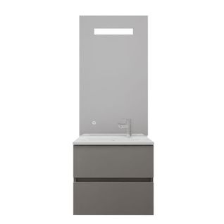 Meuble Vasque Tout Inox Rosinox 60 Cm + Miroir Elégance Ht105- Gris- Plan Vasque En Résine