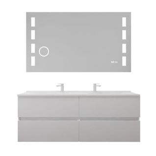 Meuble Double Vasque Tout Inox 140 Cm Rosinox + Miroir LED Excellence- Blanc- Plan Vasque En