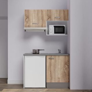 Kitchenette K02l-pt - 120 Cm Avec Plan De Travail Et Évier - Façade Bois Plan Gris Evier Gris