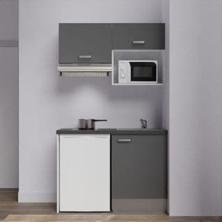 Kitchenette K02l-pt - 120 Cm Avec Plan De Travail Et Évier - Façade Gris Plan Noir Evier Gris