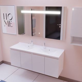 Meuble Proline 140 Cm Avec Plan Double Vasque Et Miroir Elégance Ht80- Blanc