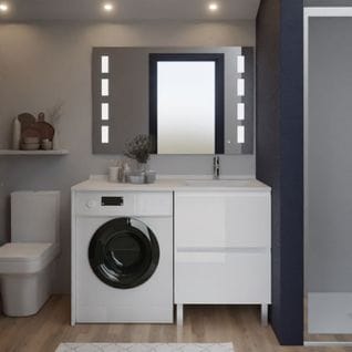 Meuble Lave-linge Idea, Plan Vasque Déportée + Miroir Prestige- Blanc- Vasque à Droite