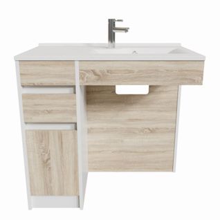 Meuble Salle De Bain Pmr Andy 90 Cm Bois Et Blanc - Vasque à Droite