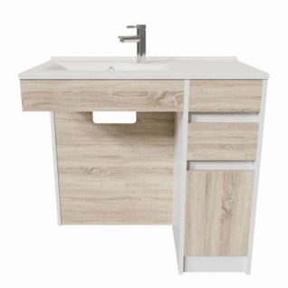 Meuble Salle De Bain Pmr Andy 90 Cm Bois Et Blanc - Vasque à Gauche