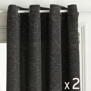 Lot De 2 Rideaux à  Oeillets Tissu Jacquard Noir 140 X 260 Cm