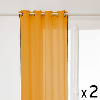 Lot De 2 Rideaux à Oeillets En Lin Jaune Ocre Avec Surpiqûre Noire 130 X 260 Cm