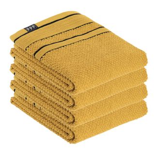 Lot De 4 Serviettes De Toilette 100% Coton Bicolore Jaune Ocre Et Noir 50 X 90 Cm