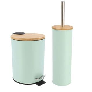 Set Poubelle à Pédale 3l Et Brosse Wc En Métal Vert Pastel Et Bambou