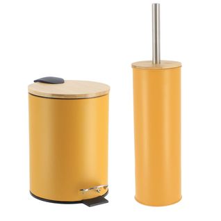 Set Poubelle à Pédale 3l Et Brosse Wc En Métal Jaune Moutarde Et Bambou