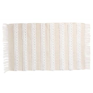 Tapis 100% Coton 60 X 110 Cm Avec Franges Et Bandes Tissées Aspect Tresses En Relief Naturel