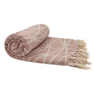 Fouta, Jeté De Lit, Plaid 100% Coton 120 X 150 Cm Avec Franges Jacquard Motif Géométrique Rose