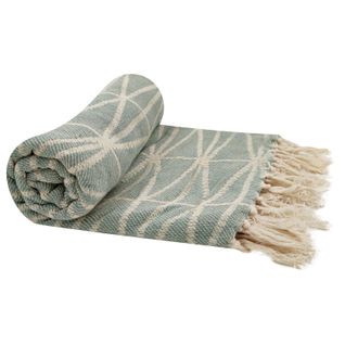 Fouta, Jeté De Lit, Plaid 100% Coton 120 X 150 Cm Avec Franges Jacquard Motif Géométrique Bleu