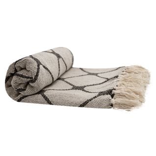 Fouta, Jeté De Lit, Plaid 100% Coton 120 X 150 Cm Franges Jacquard Motif Losanges Naturel Noir