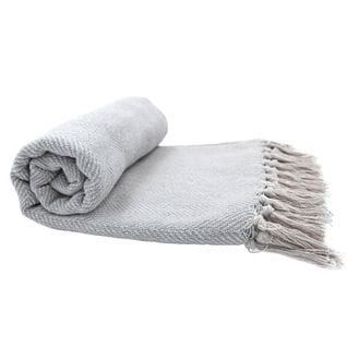 Fouta, Jeté De Lit, Plaid 100% Coton 120 X 150 Cm Avec Franges Motif Chevrons Bicolore Gris Clair