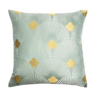 Housse De Coussin Jacquard 45 X 45 Cm Motif Éventail Art Déco Vert D'eau Doré