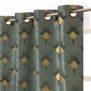 Rideau Jacquard 135 X 260 Cm à Oeillets Motif Éventail Art Deco Vert Foncé Doré