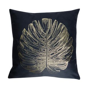 Housse De Coussin Velours 40 X 40 Cm Feuille De Palmier Imprimé Bleu Marine Doré