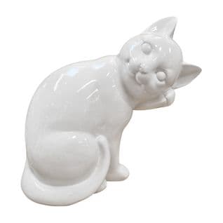 Statue Petit Chat Blanc Assis Avec Patte Sur Son Museau H23 Cm - Cat