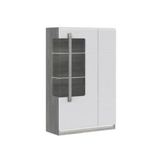 Vitrine 139 Cm 2 Portes Blanc Laqué Et Décor Chêne Gris - Alexiane