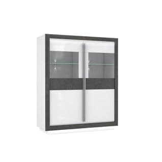 Armoire Vitrine 2 Portes Blanc Laqué Décor Gris Béton Et Led - Calvi