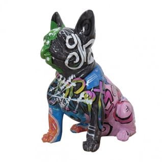 Statue Chien Bulldog Assis Tagué Multicolore En Résine - Fabien