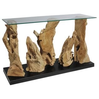 Console L.120 Cm En Bois De Teck Avec Plateau En Verre Trempé - Nomu