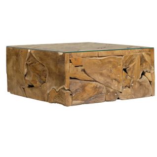 Table Basse Carrée L.100 Cm Bois De Teck Plateau Verre Trempé - Tekku