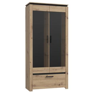 Vitrine H198 Cm Décor Chêne Clair Et Noir Avec Poignées Métal - Leila