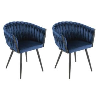 Lot De 2 Fauteuil En Velours Tressé Bleu Foncé Pieds Métal Noir - Bowi