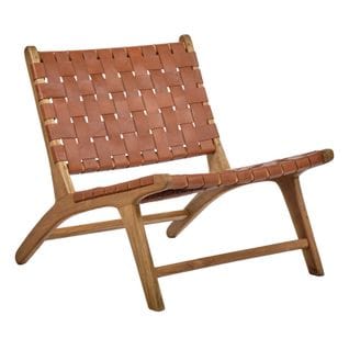 Fauteuil Bas Lounge Incliné En Bois De Teck Et Cuir Marron - Hei