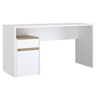 Bureau 140 Cm Blanc Mat Et Décor Bois De Chêne Avec Caisson - Odyssée