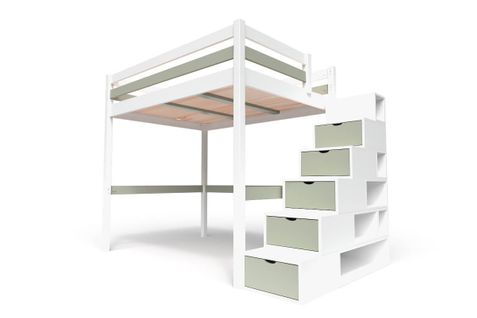 Lit Mezzanine Sylvia Avec Escalier Cube Bois, Couleur: Blanc/moka, Dimensions: 120x200
