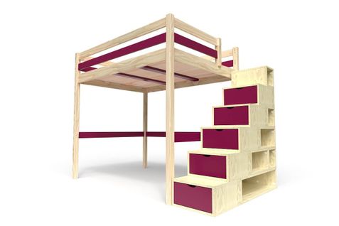 Lit Mezzanine Sylvia Avec Escalier Cube Bois, Couleur: Vernis Naturel/prune, Dimensions: 140x200