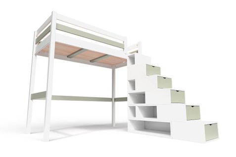 Lit Mezzanine Sylvia Avec Escalier Cube Bois, Couleur: Blanc/moka, Dimensions: 90x200