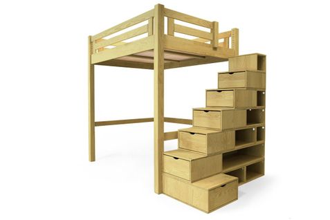 Lit Mezzanine Alpage Bois + Escalier Cube Hauteur Réglable, Couleur: Miel, Dimensions: 140x200