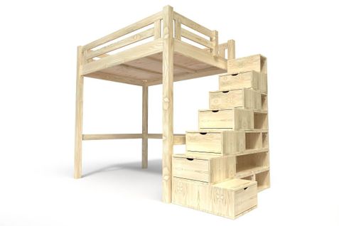 Lit Mezzanine Alpage Bois + Escalier Cube Hauteur Réglable, Vernis Naturel / 160x200