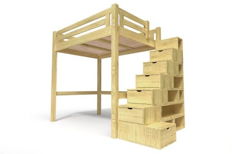 Lit Mezzanine Alpage Bois + Escalier Cube Hauteur Réglable, Couleur: Miel, Dimensions: 160x200