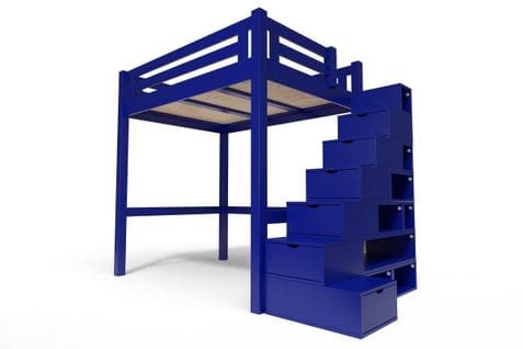 Lit Mezzanine Alpage Bois + Escalier Cube Hauteur Réglable, Bleu Foncé / 120x200