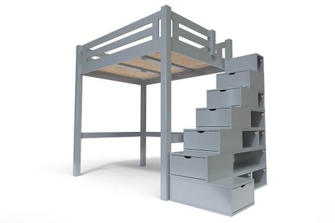 Lit Mezzanine Alpage Bois + Escalier Cube Hauteur Réglable, Couleur: Gris Aluminium, 120x200