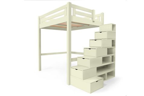 Lit Mezzanine Alpage Bois + Escalier Cube Hauteur Réglable, Couleur: Ivoire, Dimensions: 140x200