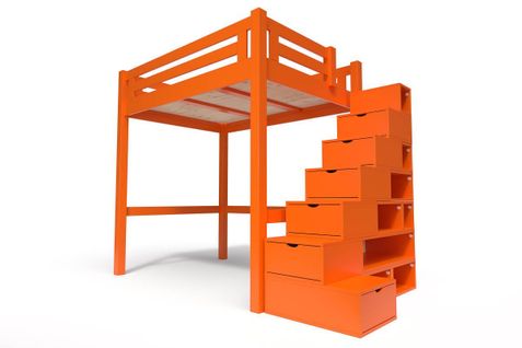 Lit Mezzanine Alpage Bois + Escalier Cube Hauteur Réglable, Couleur: Orange, Dimensions: 140x200