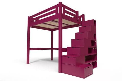 Lit Mezzanine Alpage Bois + Escalier Cube Hauteur Réglable, Couleur: Prune, Dimensions: 140x200